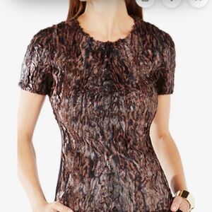 BCBG Textured Short-Sleeve Crewneck Fur Top in Brown